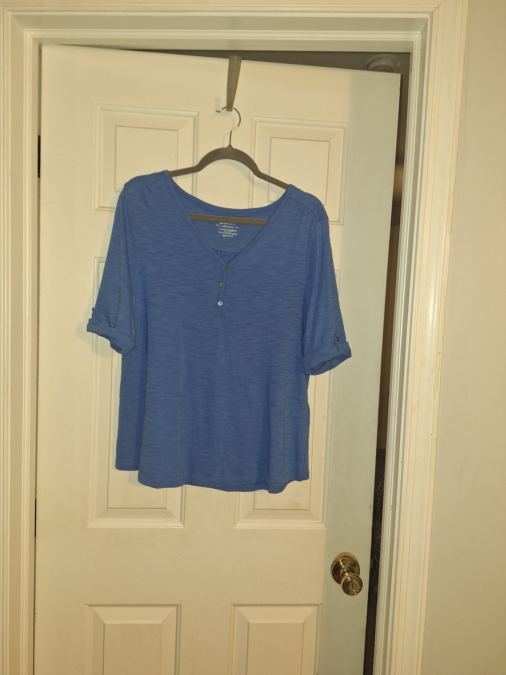 Chico's Blue Henley Roll-Tab Short Sleeve Top